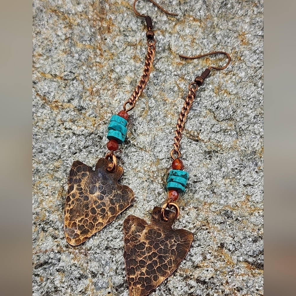 TURQUOISE & CARNELIAN HANDMADE EARRINGS BOHEMIAN CHIC STYLE 2.5" - Picture 4 of 6